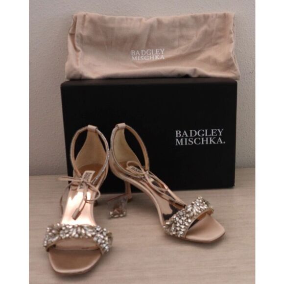 Badgley Mischka Women Sz 6.5 Nude Satin Blossom Ankle Tie Embellished Sandal - Picture 2 of 16